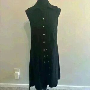 For Cynthia Womens Sz XS Black Linen Dress Button Front Pockets Asymmetrical Hem